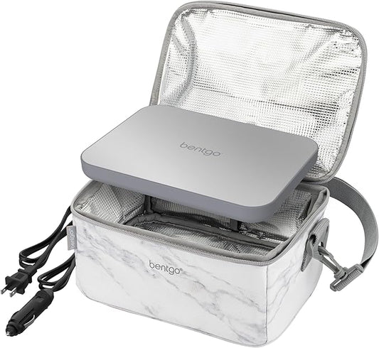 Bentgo Heat - Electric Lunch Bag & Food Warmer for Reheating Meals in Car, at Work & More - Heated Lunch Box Warmer for Adults, Students & Shift Workers, 12V/24V Auto & 120V Wall Cords (White Marble)