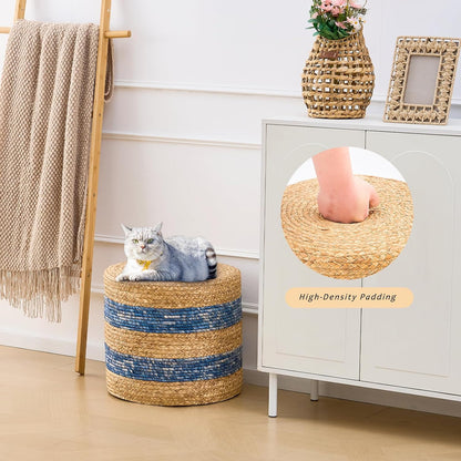 Handwoven Ottoman Pouf, Natural Water Hyacinth Footstool, Round Braided Outdoor Seat with Sturdy Frame, Boho Accent Stool for Patio, Balcony, or Garden (Blue)