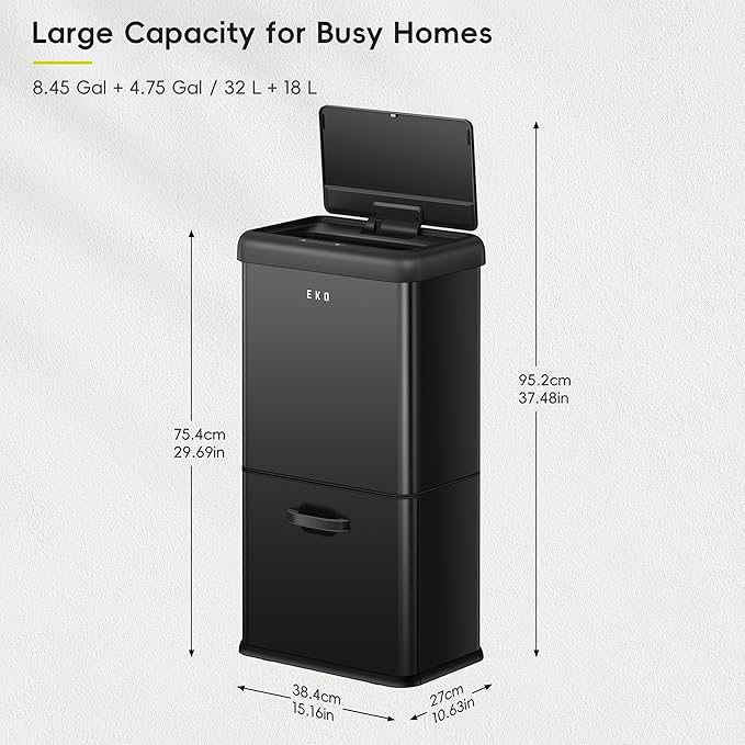 EKO Vintage 50L / 13.2 Gallon Motion Sensor Trash Can, Dual Compartment 32L + 18L Stainless Steel Kitchen Garbage Bin, Touchless Automatic Waste & Recycling Bin with Lid for Home Office, Matte Black