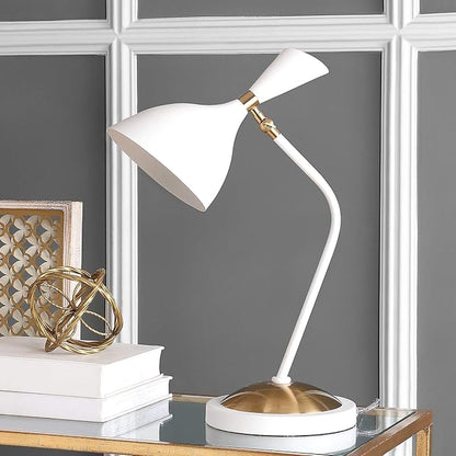 JONATHAN Y 21.5" White/Brass Gold Retro Mid-Century LED Table Lamp for Home Office, Adjustable Task Light with Black Iron Shade, Bedside Nightstand Lamp, LED Bulb Included (JYL9065B)