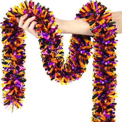 50FT Halloween Decorations Tinsel Garland, Orange Purple Black Shiny Metallic Tinsel Twist Hanging Streamers Garland for Halloween Birthday Home Tree Banister Indoor Outdoor Party Decor Supplies