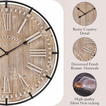 Farmhouse Wall Clock 30 Inch - Rustic Wood Metal Decor, Silent Sweep, Battery Operated for Living Room Kitchen Office, Brown