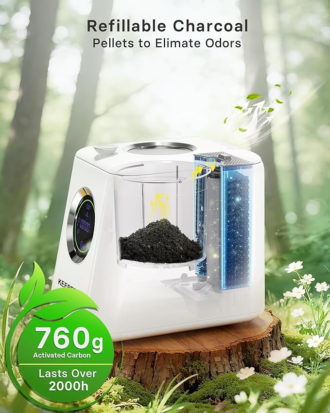 Eectric Kitchen Composter, 3L Smart Mill Food Recycler with Large Touch Screen, Compost Bin Indoor with 4 Sharktooth Blades, 0.5kWh Per Cycle Energy-efficient, Odorless, Low Noise, Auto-Cleaning
