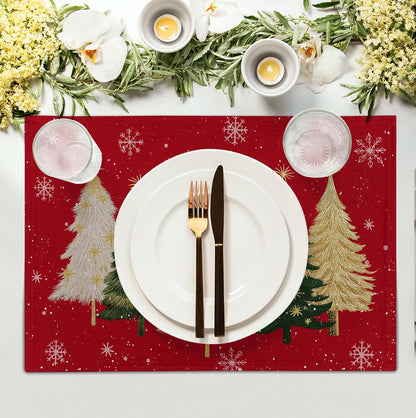 Red Christmas Tree Placemats Set of 4, 12x18 Inch Xmas Trees Snowflakes Winter Holiday Place Mats Seasonal Washable Linen Table Mat for Indoor Outdoor Kitchen Dining Party Decor