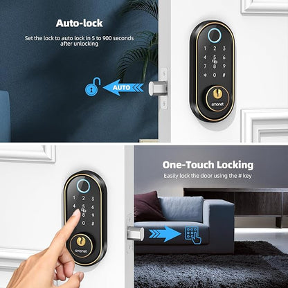 Smart Keyless Entry Door Lock - Fingerprint Electronic Deadbolt Touchscreen Keypad SMONET Biometric Digital Bluetooth Door Lock Smart Deadbolt Compatible with Alexa for Homes and Hotel