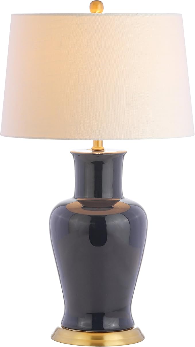 JONATHAN Y 29" Navy Traditional Ceramic Urn LED Table Lamp for Bedroom Decor, White Linen Drum Shade, Classic Nightstand Lamp for Living Room, LED Bulb Included (JYL4026B)