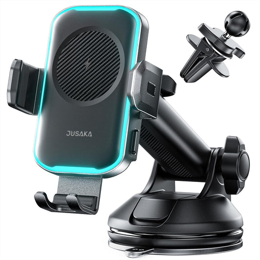 Wireless Car Charger, 15W Fast Charging Auto Clamping Car Phone Holder Mount, [Vent Clip+Suction Cup] Car Phone Holder Wireless Charger with iPhone 16/15/14/13, for Samsung Galaxy Series