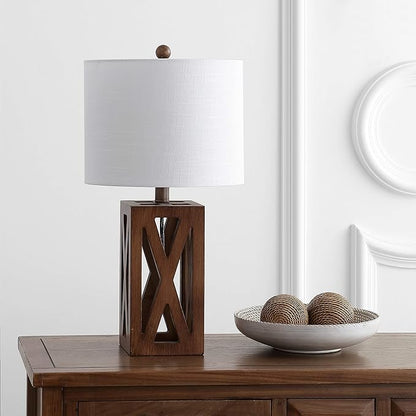 JONATHAN Y 21.5" Brown Farmhouse Wood Table Lamp for Bedside and Living Room, White Linen Drum Shade, Rustic Modern Desk Lamp for Bedroom, LED Bulb Included JYL1062A
