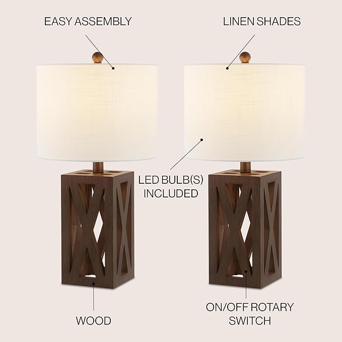 JONATHAN Y 21.5" Brown Farmhouse Wood Table Lamp for Bedside and Living Room, White Linen Drum Shade, Rustic Modern Desk Lamp for Bedroom, LED Bulb Included (JYL1062A-SET2)