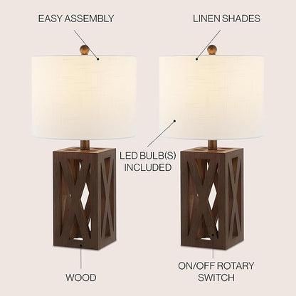 JONATHAN Y 21.5" Brown Farmhouse Wood Table Lamp for Bedside and Living Room, White Linen Drum Shade, Rustic Modern Desk Lamp for Bedroom, LED Bulb Included (JYL1062A-SET2)