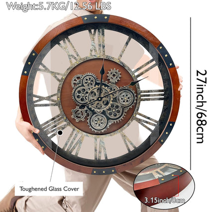 DORBOKER 27" Original Moving Gears Wall Clock, Large Industrial Wall Clock for Living Room Decor, Retro Metal Solid Wood Vintage Farmhouse Steampunk Rustic Clocks for Wall Decor,Black Walnut