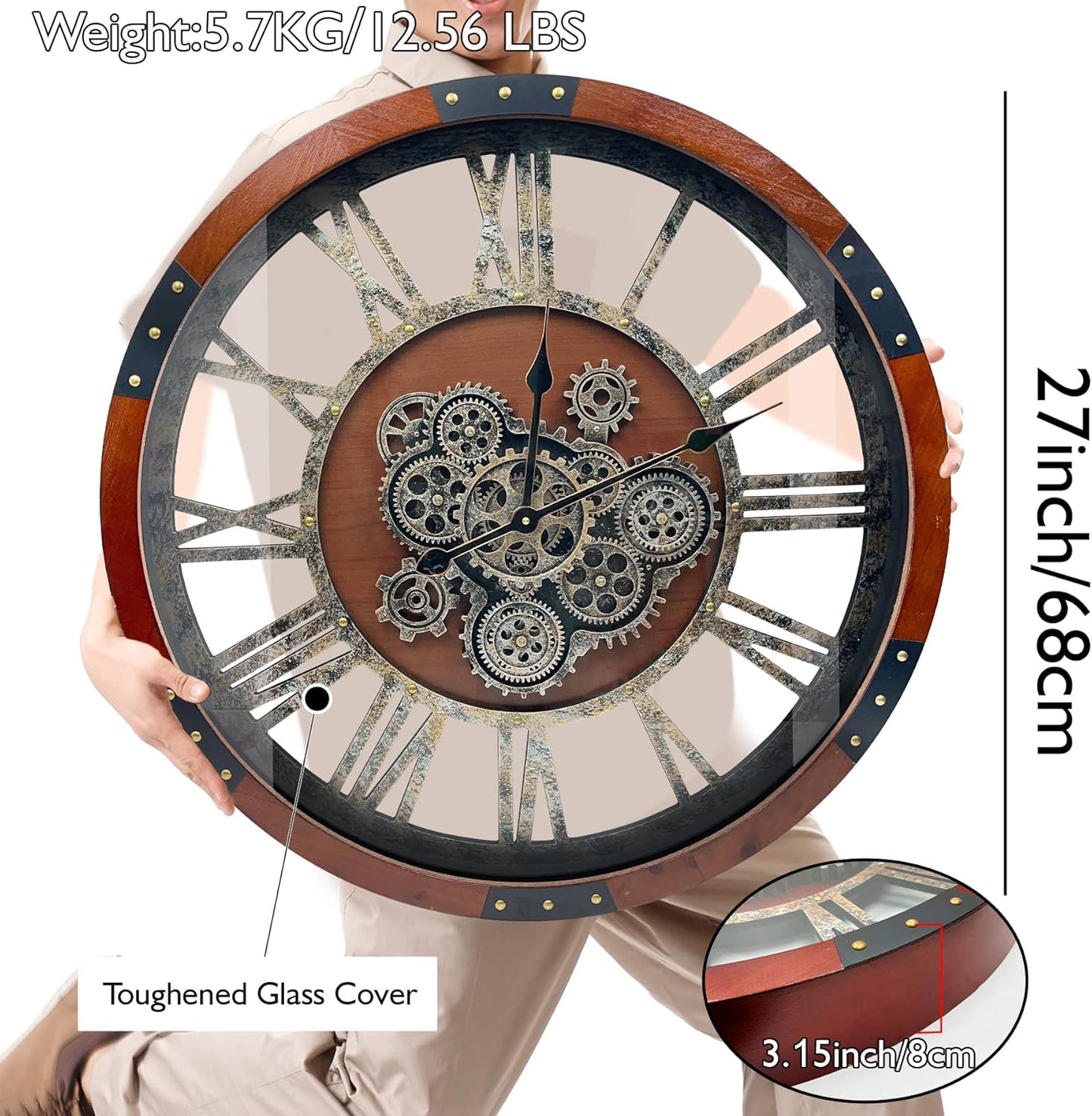 Large Wall Clock for Living Room Decor, 27 Inches Oversized Vintage Wood Decorative Steampunk Farmhouse Wall Clock for Rustic, Retro, Industrial,Kitchen,Office,Working Gears