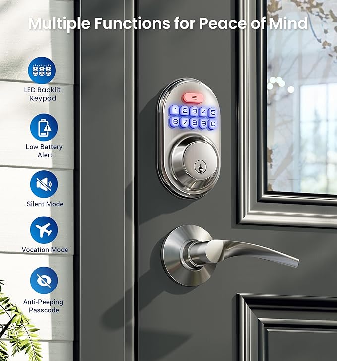 Veise Keyless Entry Door Lock with 2 Lever Handles - Electronic Keypad Deadbolt, Auto Lock, Back Lit & Easy Installation Design, Front Door Handle Sets, Satin Nickel