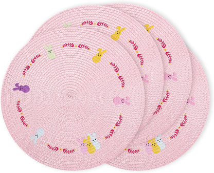 Whaline 4Pcs Round Bunny Easter Placemats Pink Rabbit Embroidered Place Mats Spring Cute Rabbit Dinner Table Mat Easter Dining Kitchen Table Mats for Home Wedding Baby Shower Birthday Party Decor