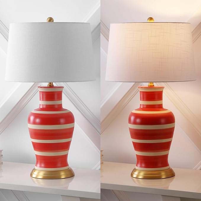 JONATHAN Y 29" Red/Beige Traditional Ceramic Urn LED Table Lamp for Bedroom Decor, White Linen Drum Shade, Classic Nightstand Lamp for Living Room, LED Bulb Included (JYL4026K)
