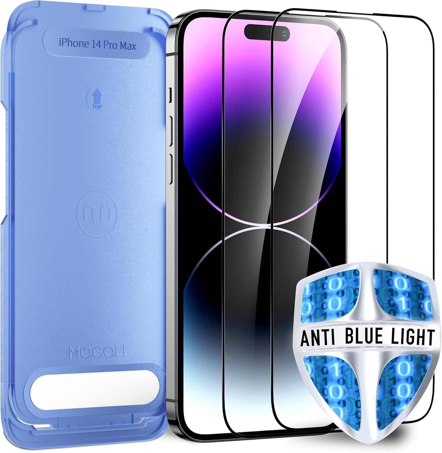 [Auto Alignment Kit] for iPhone 14 Pro Max Screen Protector Blue Light [6.7 inch] Full Coverage Dynamic Island Compatible, Anti Glare Anti Blue Light Tempered Glass Film, Case Friendly,2 Pack