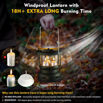 3-Wick Emergency Candle Lantern for Power Outages [18H+ Burning Time] Vintage Decorative Candle Lantern for Real Candles, Outdoor Portable Camping Survival Lighting [7.1"*5.7" - Forest Green]