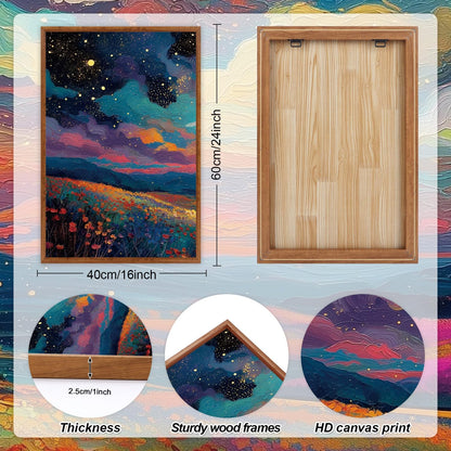 KAIRNE Framed Abstract Midnight Canvas Wall Art,Starry Night Prints Set of 3(16”X24”),Colorful Wildflowers Wall Decor,Nature Night Scene Paintings for Living Room Bedroom office Farmhouse Decoration