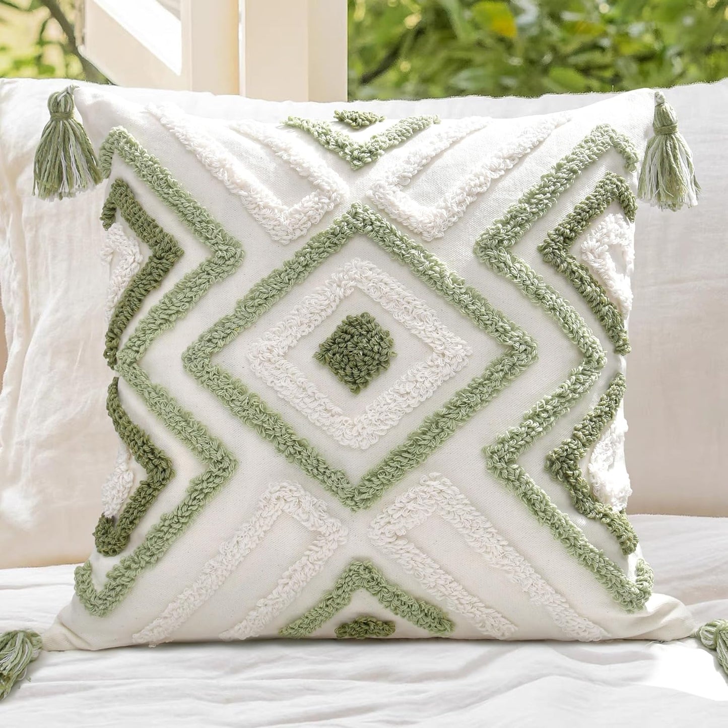 Boho Pillow Covers 18X18 Inch Boho Tufted Throw Pillow Covers Decorative Tassels Cushion Cover Farmhouse Pillow Case for Couch Sofa Bed Living Room Bedroom, Green