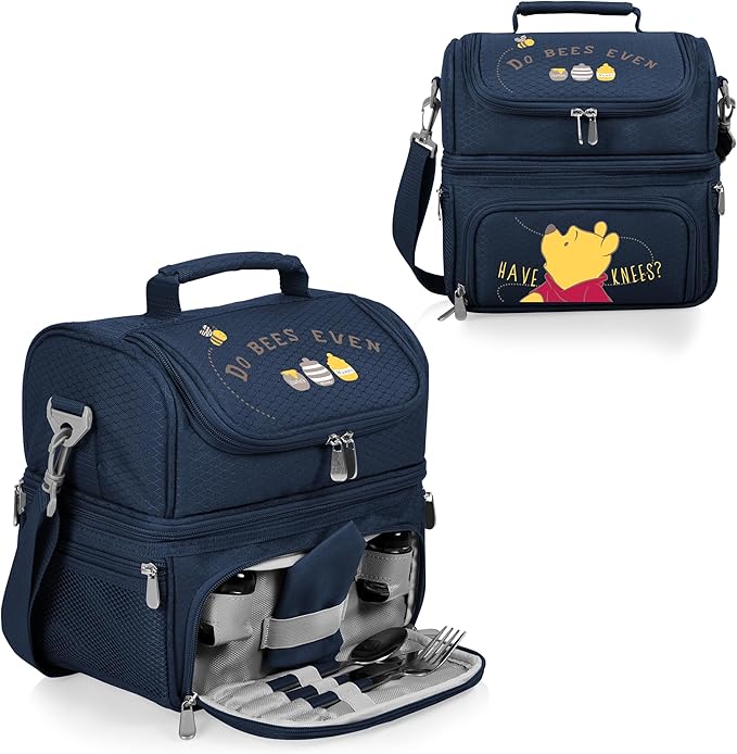PICNIC TIME Disney Winnie the Pooh Pranzo Insulated Lunch Box, Soft Sided Lunch Bag with Picnic Set, Dual Compartment Cooler Lunch Box, (Navy Blue)
