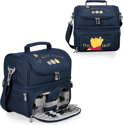 PICNIC TIME Disney Winnie the Pooh Pranzo Insulated Lunch Box, Soft Sided Lunch Bag with Picnic Set, Dual Compartment Cooler Lunch Box, (Navy Blue)