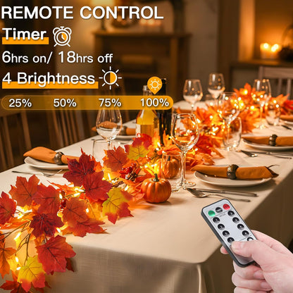 suddus Fall Garland with Lights Battery Operated, 20 LED Lighted Orange Fall Leaf Garland, Fairy String Lights with Remote for Thanksgiving, Table, Mantle, Office, Porch, Halloween, Home Decoration