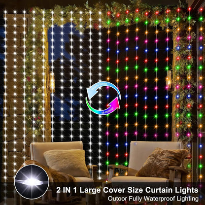 echosari 20Ft x 10Ft Large Curtain Lights Plug in, 600 LED Dual Color Changing Outdoor Curtain Lights Waterproof Connectable with Remote for Wedding Backdrop Yard Decor (Cool White & Multicolor)