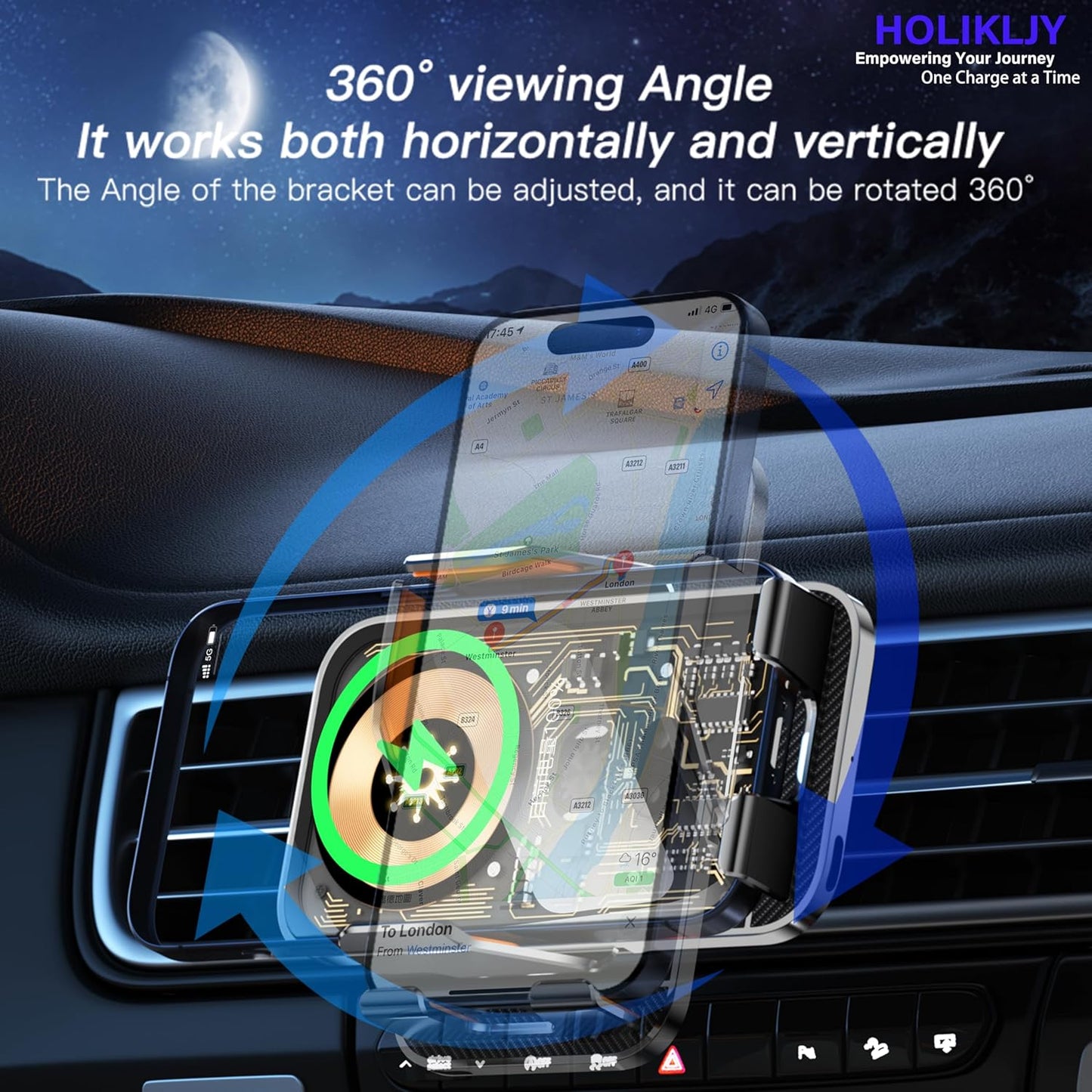 Wireless Car Charger Holder, 15W Fast Charging Car Phone Holder Charger Auto-Clamping 360° Rotation Adjustable Air Vent Phone Mount Car Charger with Luminous Logo for iPhone 16 15 14 13 S24 S23 S22