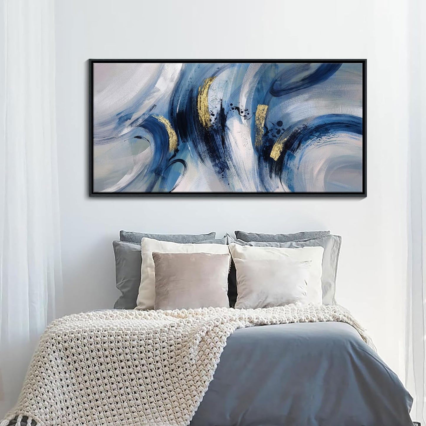 Extra Large Abstract Line Art Framed Canvas - Blue & Grey Modern Wall Decor 30x60 Inches, Minimalist Living Room Art, Oversized Office Painting, Ready to Hang