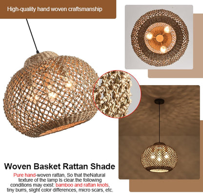 17" Rattan Pendant Light 3-Light Hand Woven Wicker Seagrass Hanging Light Boho Water Plants Rattan Chandelier for Dining Living Bedroom Kitchen Farmhouse