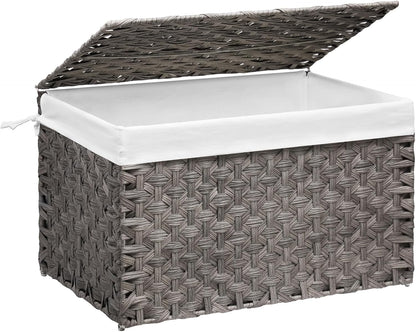 Wicker Storage Basket with Lid, 42.3 Gallon (160L) Large Blanket Basket with Lid, Woven Storage Bin with Handles, Removable Liner, Metal Frame, Foldable, for Bedroom, Laundry Room, Grey