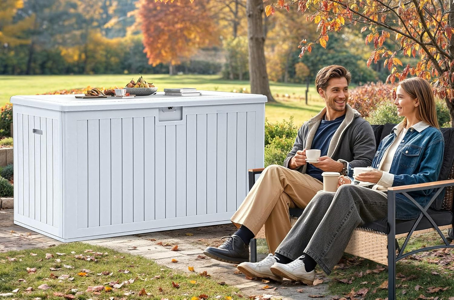 YITAHOME 200 Gallon Extra Large Deck Box, Double-Wall Resin Outdoor Storage Box with Flexible Divider for Patio Cushions Pool Supplies Garden Tools, 990 lbs Load Capacity, Lockable (White)