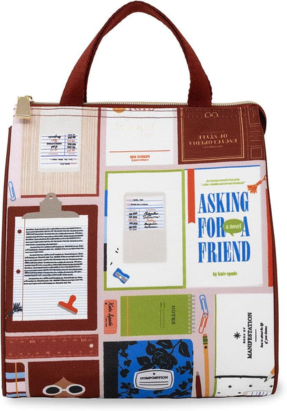 kate spade new york Cute Lunch Bag for Women, Large Capacity Lunch Tote, Adult Lunch Box with Silver Thermal Insulated Interior Lining and Storage Pocket (Book Club)