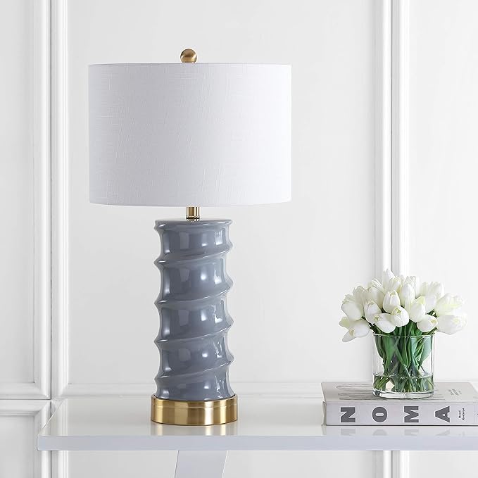 JONATHAN Y 29" Dark Grey/Gold Modern Ceramic Table Lamp for Living Room, White Linen Drum Shade, Bedside Nightstand Lamp for Bedroom, LED Bulb Included, Ridged Design JYL3052A