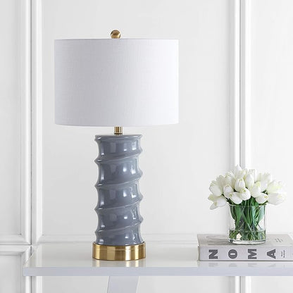 JONATHAN Y 29" Dark Grey/Gold Modern Ceramic Table Lamp for Living Room, White Linen Drum Shade, Bedside Nightstand Lamp for Bedroom, LED Bulb Included, Ridged Design JYL3052A