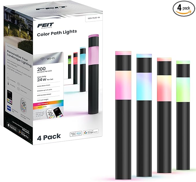 Feit Electric Smart Color Changing & Tunable White Outdoor Bollard Path Lights, 200 Lumens, Music Sync, Compatible with Alexa & Google Home, App & Remote Control, Path/RND/RGBW/AG/4, 4-Pack