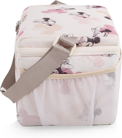 PICNIC TIME Disney Minnie Mouse Modern Lunch Cooler and Insulated Lunch Tote, Compact Lunch Bag with Adjustable Strap and Ice Pack Pocket, (Beige with Vintage Pink Sketch)