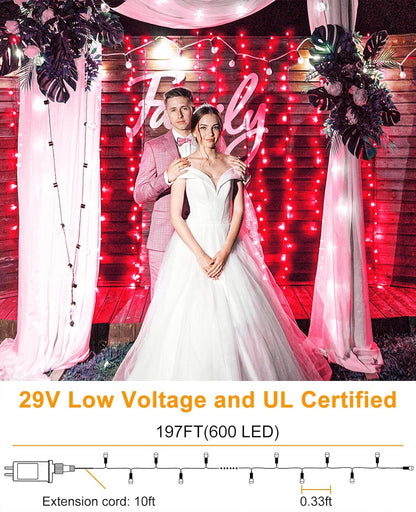 197FT 600 LED Christmas Lights Outdoor, Plug in Christmas Tree Lights 8 Modes, Waterproof String Twinkle Lights for Indoor Room Patio Yard Fence Party Wedding Holiday Decorations, Red