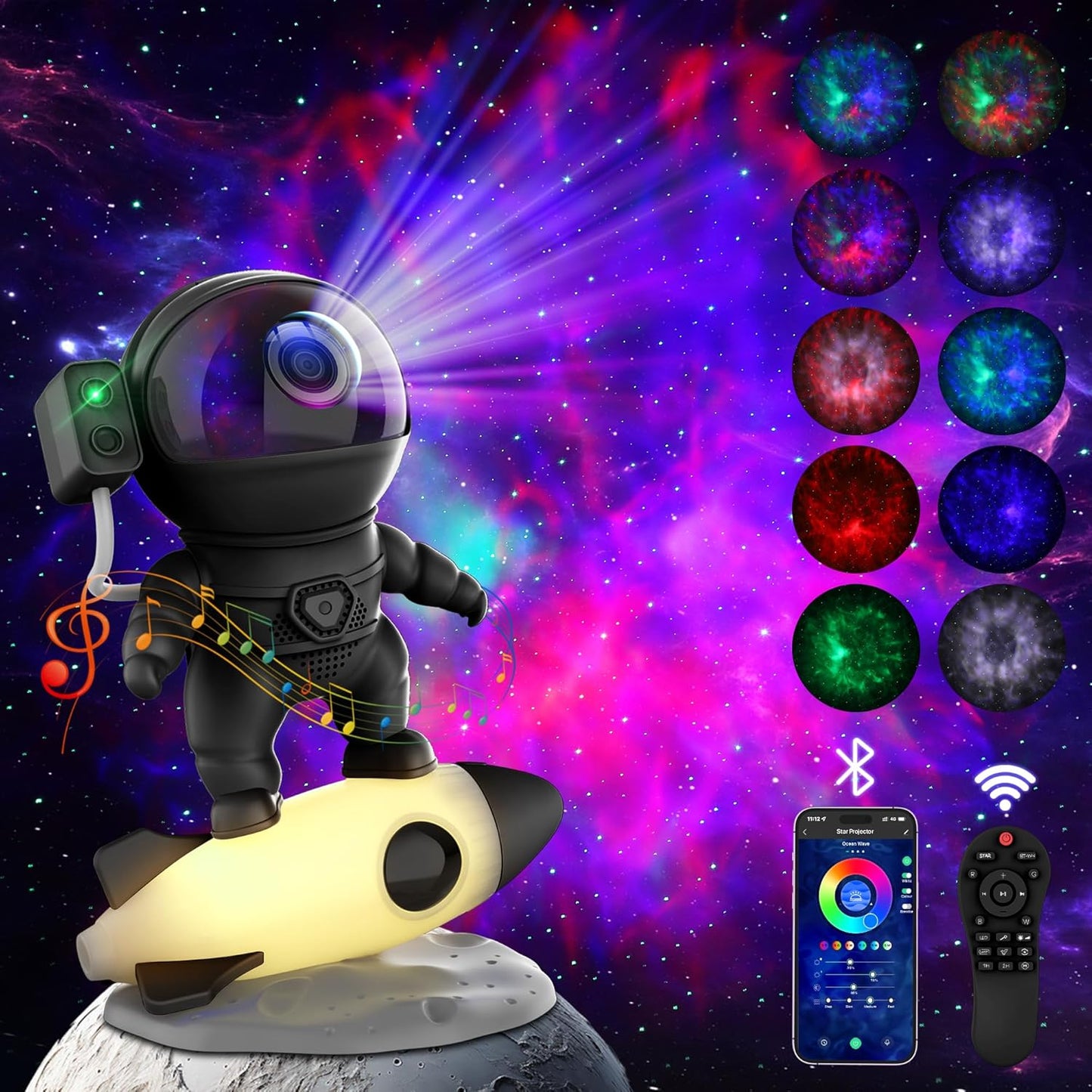 Astronaut Galaxy Projector, Star Projector Rocket Night Light for Kids Room, 360° Adjustable Magnetic Head, Bluetooth Speaker, Timer, White Noise with Remote APP Button Control Idea for Gift