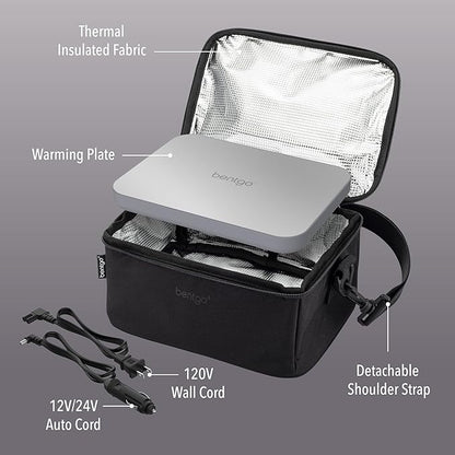 Bentgo Heat - Electric Lunch Bag & Food Warmer for Reheating Meals in Car, at Work & More - Heated Lunch Box Warmer for Adults, Students & Shift Workers, 12V/24V Auto & 120V Wall Cords (Carbon Black)