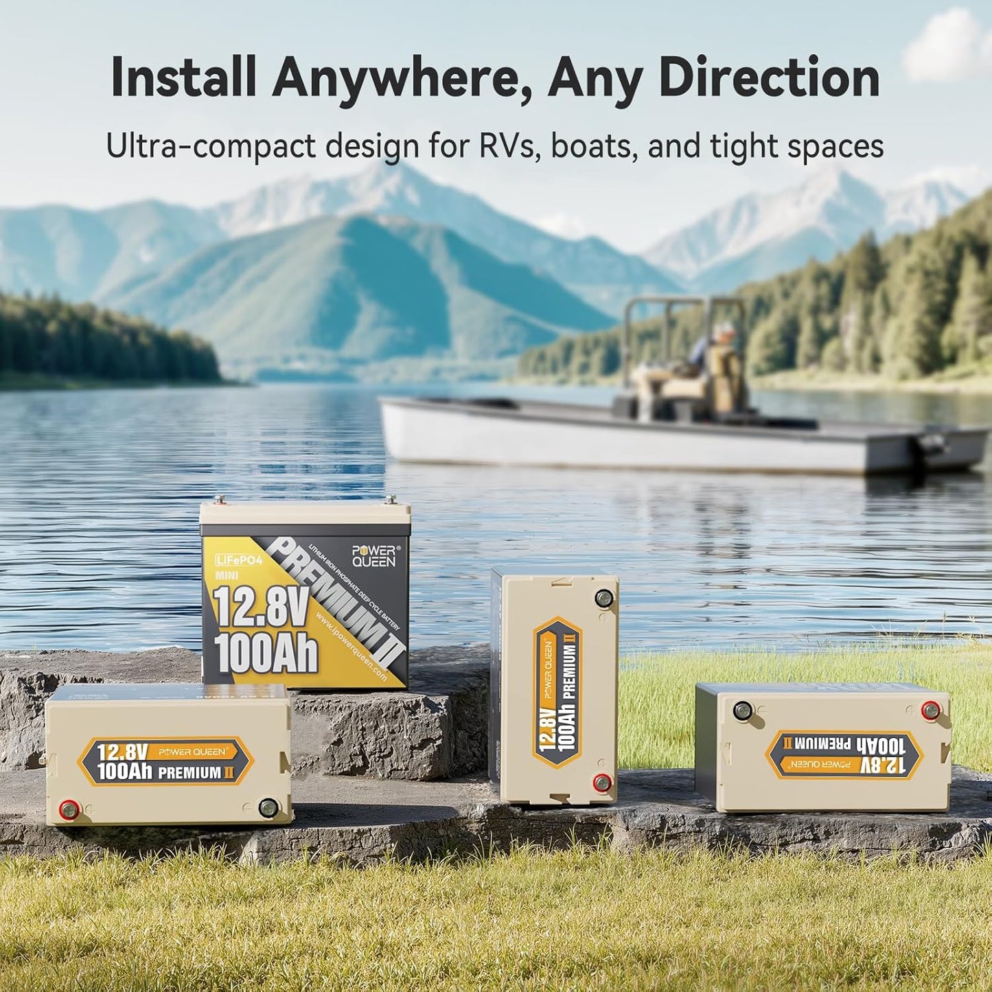 Power Queen 12V 100Ah MINI LiFePO4 Lithium Battery, Deep Cycle Battery with Upgraded 100A BMS, Max 1280W Energy, Up to 15000 Cycles & 10-Year Lifespan for RV, Solar, Trolling Motor & Camping
