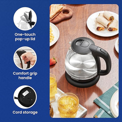 Elite Gourmet EKT1001B Electric 1.0L BPA-Free 1100W Glass Kettle Cordless 360° Base, Stylish Blue LED Interior, Handy Auto Shut-Off Function – Quickly Boil Water For Tea & More, Graphite Black