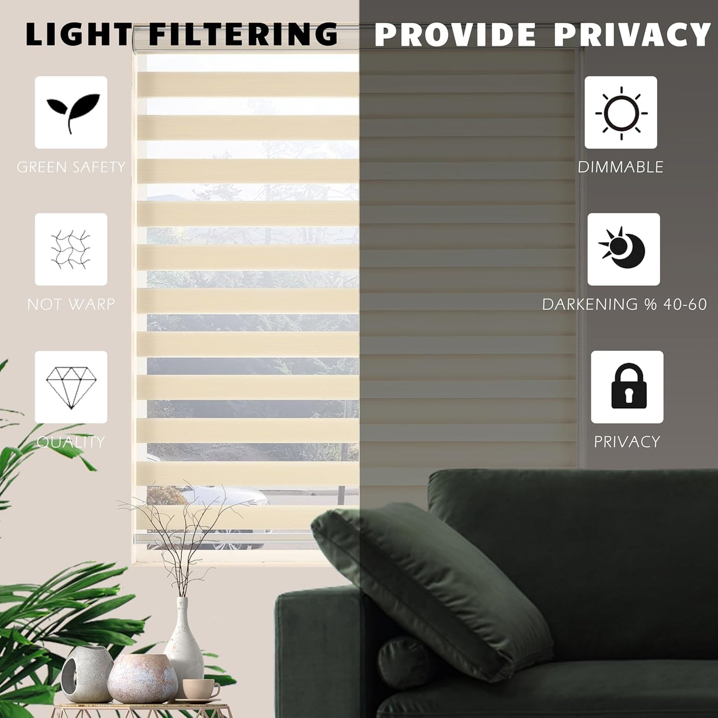 Zebra Blinds for Windows, Dual Layer Light Filtering Privacy, Free-Stop Sheer Blinds for Indoor Windows, Zebra Shades for Living Room, Kitchen (34" W X 72" H, Cream)