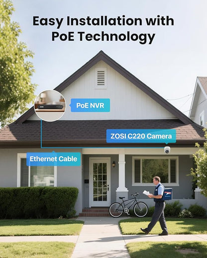 ZOSI C220 4CH 4MP QHD 2.5K PoE Home Security Camera System, 4 x 4MP(1440p) Dome IP Cameras Outdoor Indoor, Smart AI Human Detection, Two-Way Audio, 4CH 5MP 3K NVR with 1TB HDD for 24/7 Record