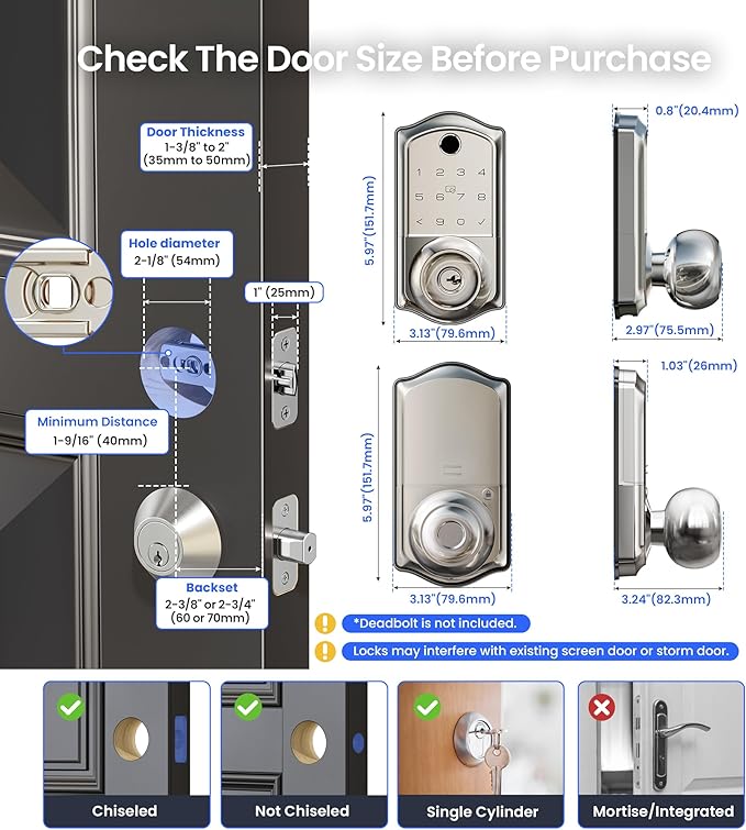 Veise VE018 Smart Knob Handle Lock - Fingerprint, App Control, Keyless Entry for Front Door and Bedroom, Electronic Digital Keypad, Auto Lock, Remote Access Sharing, IP55 Weatherproof, Satin Nickel