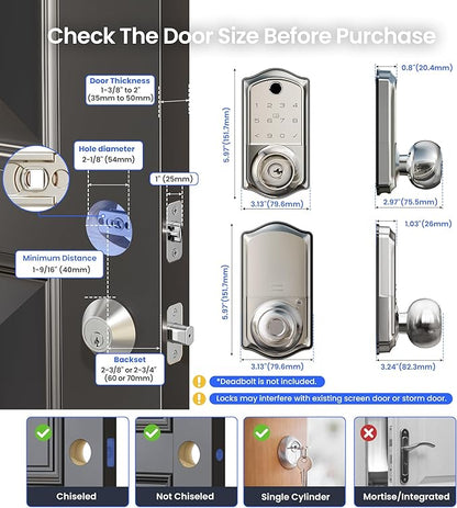 Veise VE018 Smart Knob Handle Lock - Fingerprint, App Control, Keyless Entry for Front Door and Bedroom, Electronic Digital Keypad, Auto Lock, Remote Access Sharing, IP55 Weatherproof, Satin Nickel