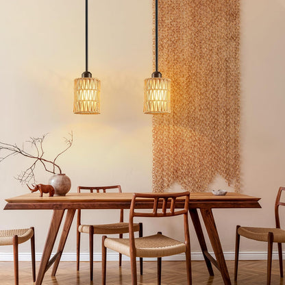 Pendant Light Boho Hanging Lamp - Rattan & Linen 2-in-1 Shade, Adjustable Hanging Lights Fixture for Kitchen Island, Dining Room, Farmhouse, Bedroom (2 Pack)