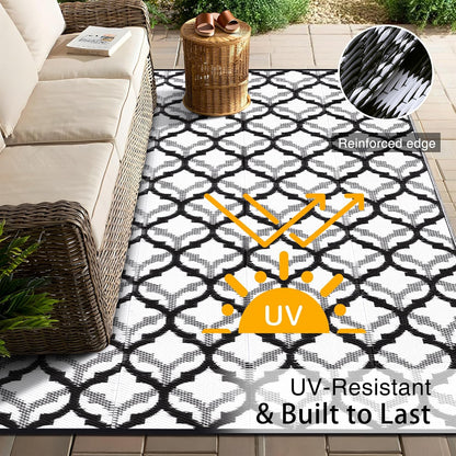 OLANLY Reversible Outdoor Rug 6x9 ft Clearance, Waterproof Outdoor Plastic Straw Rug with Interlacing Pattern, RV Mat for Patio, Camping, Balcony, Deck, Backyard, Black & White