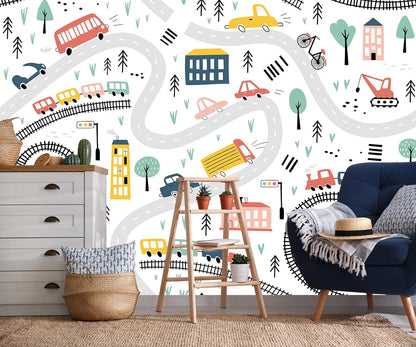 Cartoon Car Roadmap Wall Mural Bus Wallpaper for Kids Room Bedroom Living Room(Not Peel and Stick)