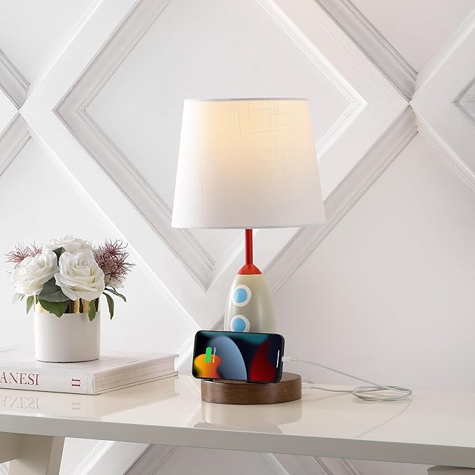 JONATHAN Y 17.5" Multi-Color Rocket LED Kids' Table Lamp with USB Charging Port and Phone Stand, Mid-Century Resin Space-Themed Lamp for Bedroom, LED Bulb Included JYL6310A